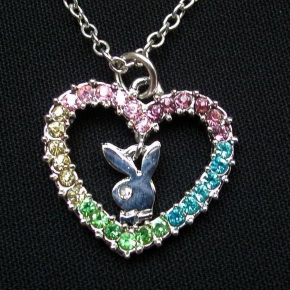 Playboy Necklace Crystal Rainbow Heart Bunny Charm - Picture 12 of 15